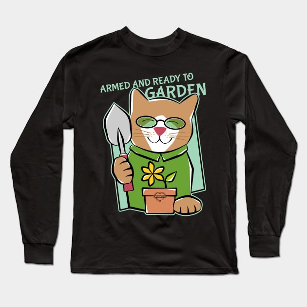 Armed and Ready to Garden Kitten Long Sleeve T-Shirt by Sue Cervenka